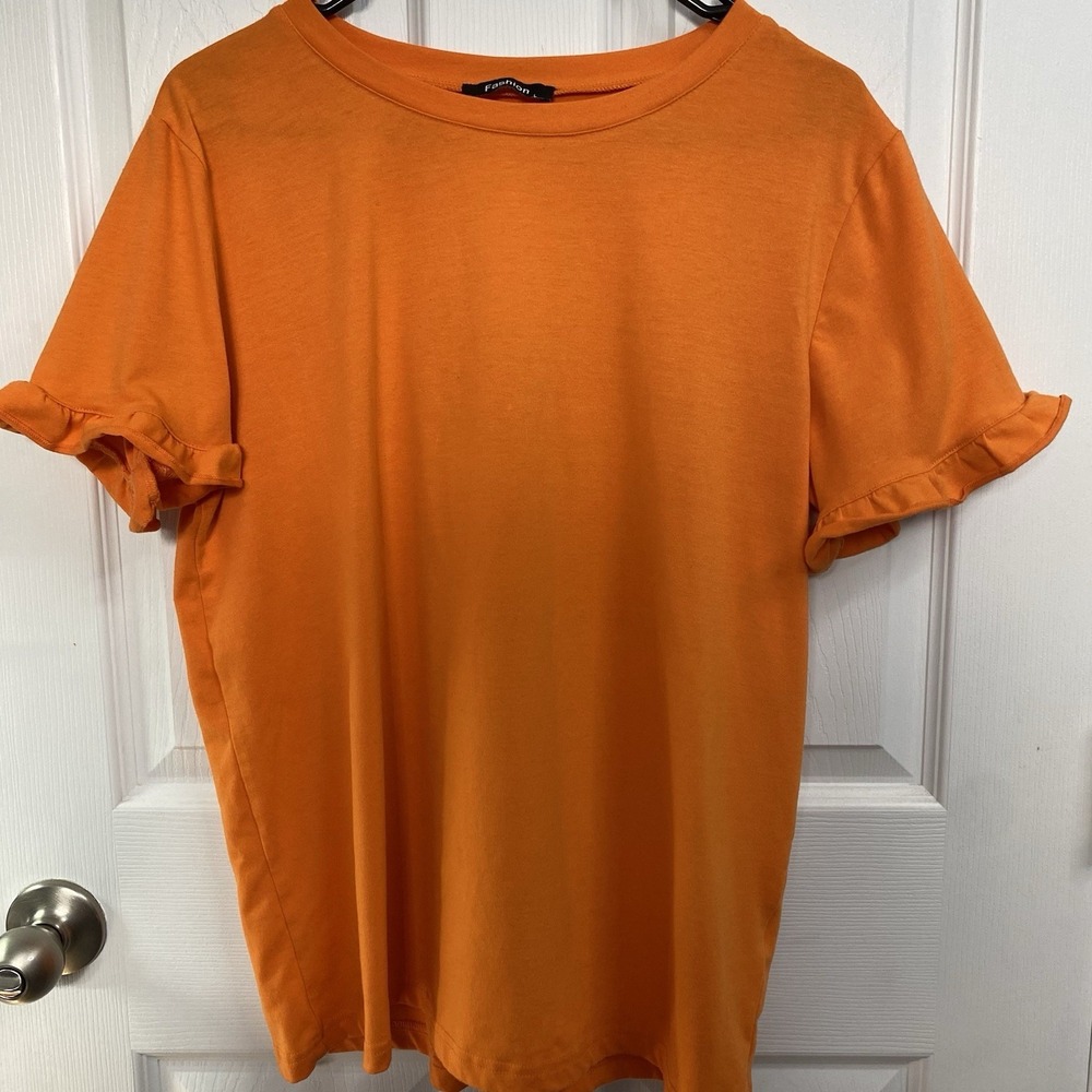 Womens Fashion-Orange T-Shirt With‎ Ruffle Sleeves - Size Large